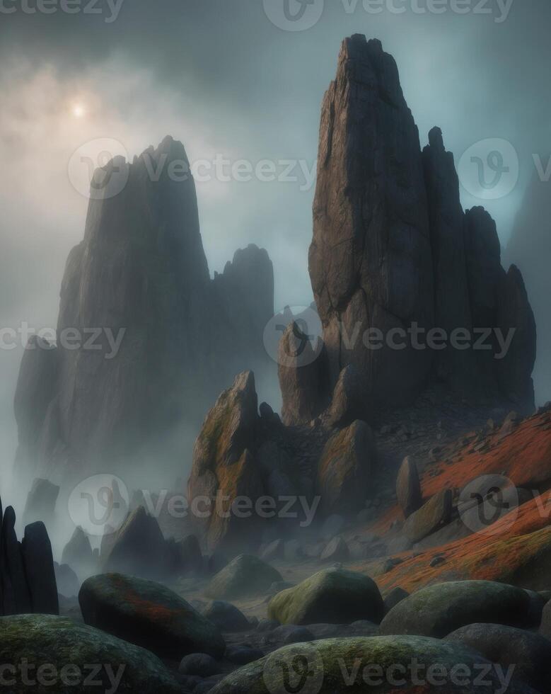 A scene of rocks and rocks in the fog photo