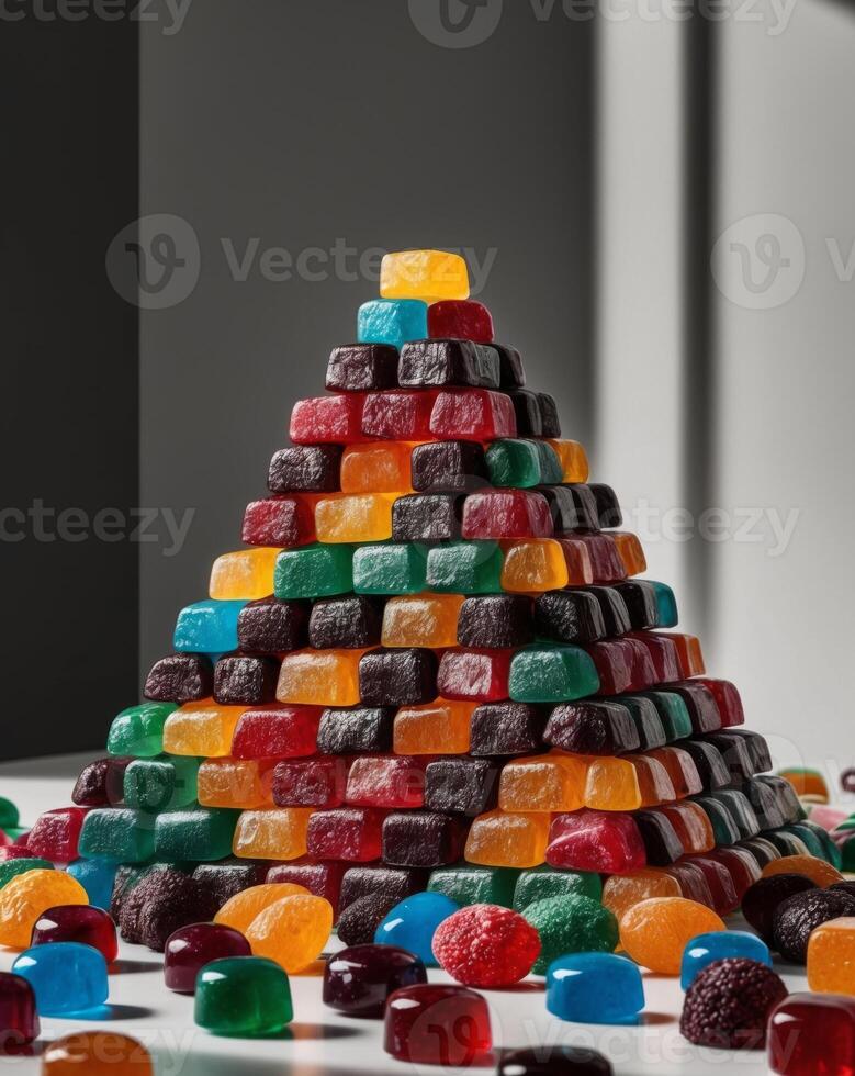 A pyramid of gummy bears on a table photo