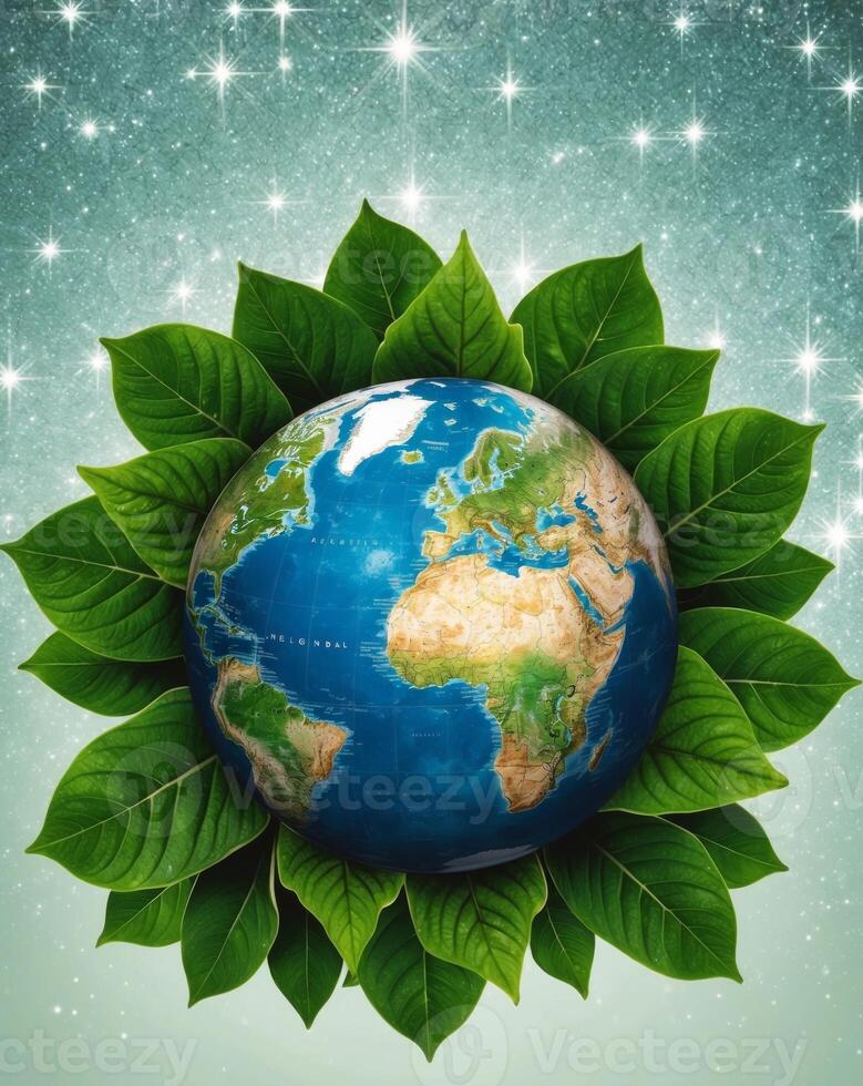 Earth globe with green leaves on a blue background photo