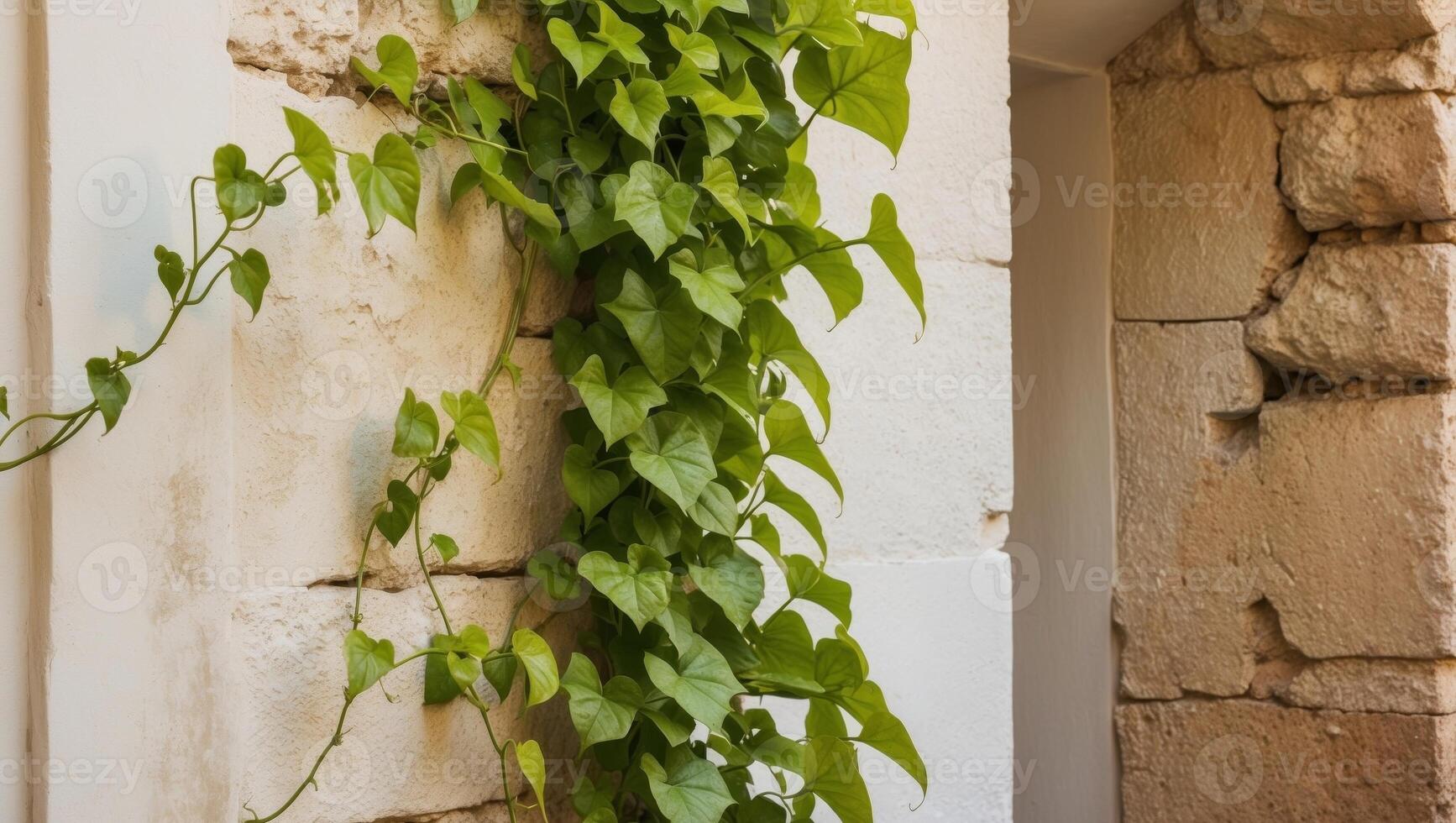 A green vine growing on a stone wall photo