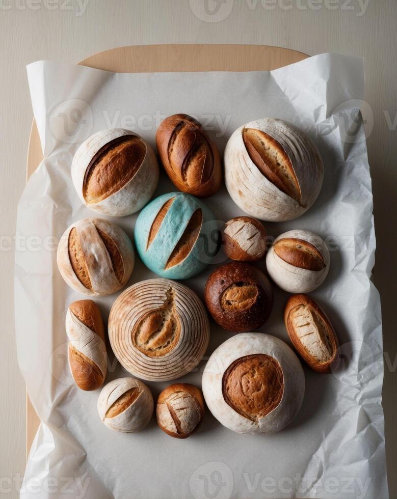 A tray of breads on a table photo