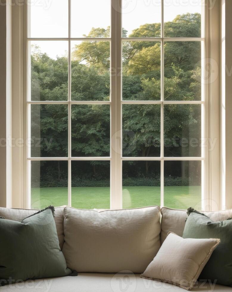 A window with white pillows and green pillows photo