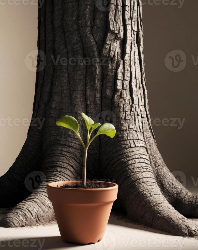 A plant in a pot next to a tree trunk photo
