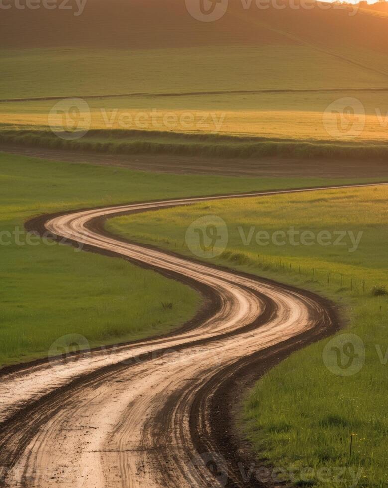 A dirt road winding through a green field photo