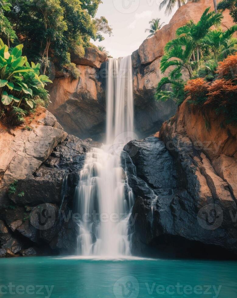 Beautiful waterfall in tropical jungle with blue water and green plants photo