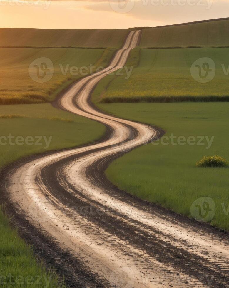 A dirt road winding through a field at sunset photo