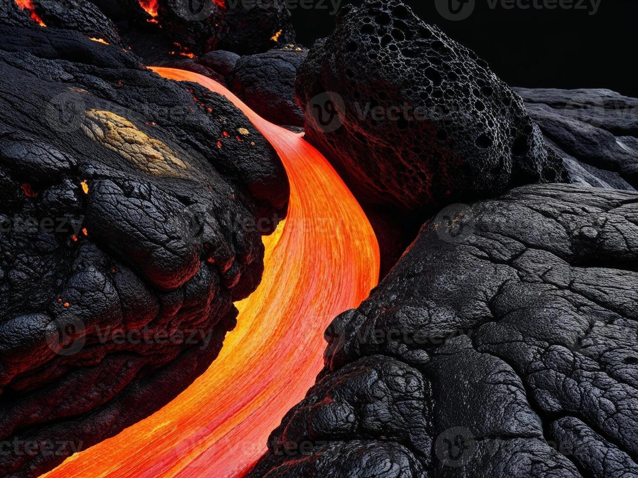 A lava flow is flowing into a black rock photo