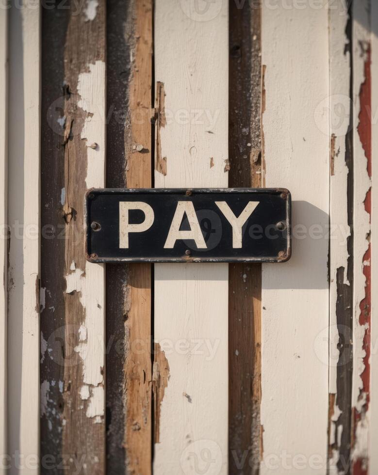 A pay sign on a wooden wall photo