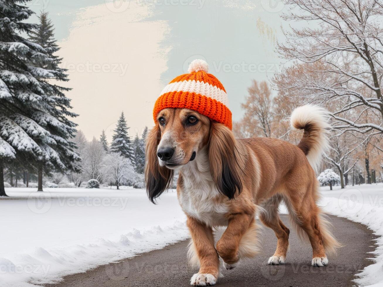 A dog wearing a knitted hat on a snowy road photo