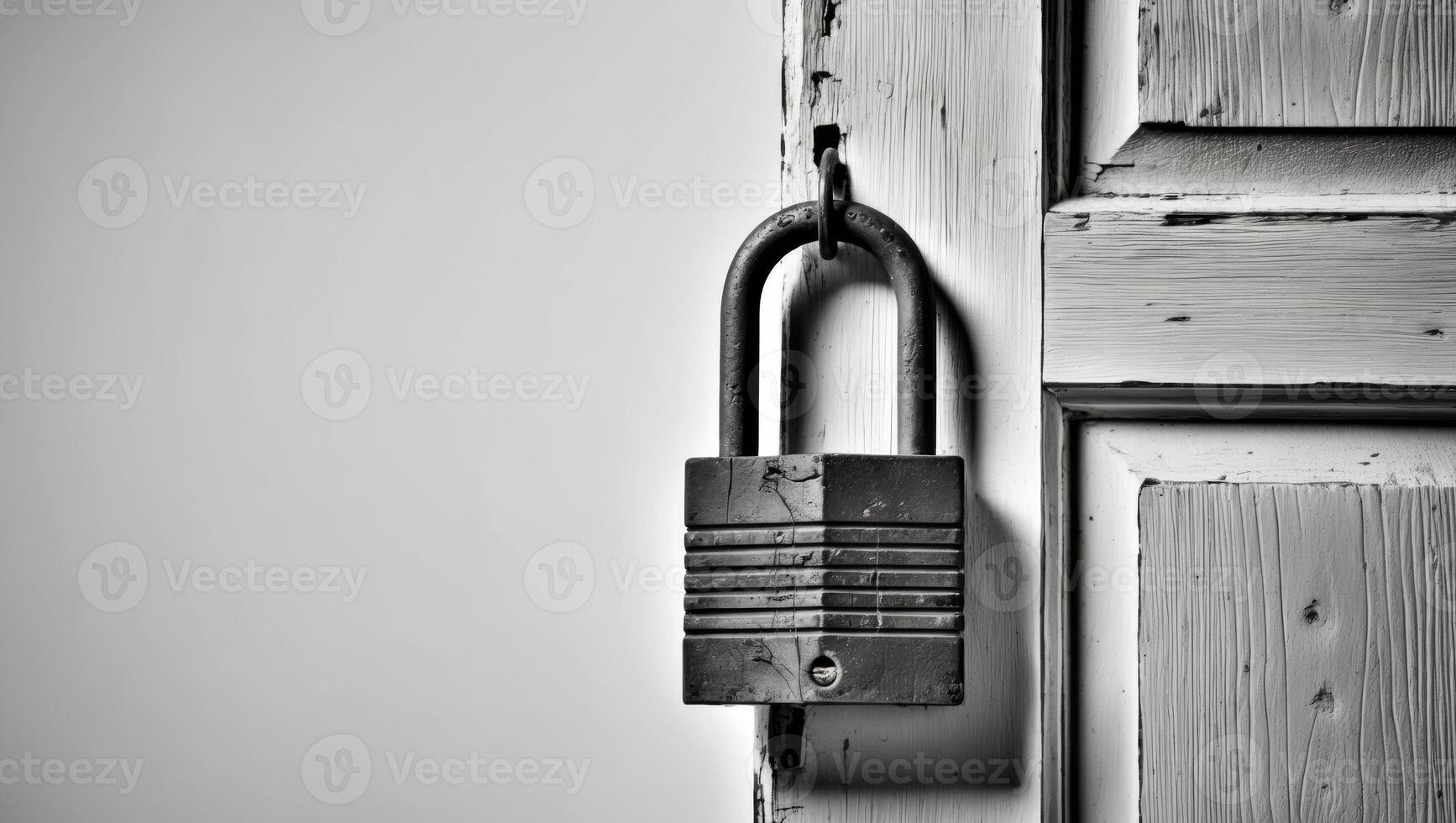 A black and white photo of a padlock on a door