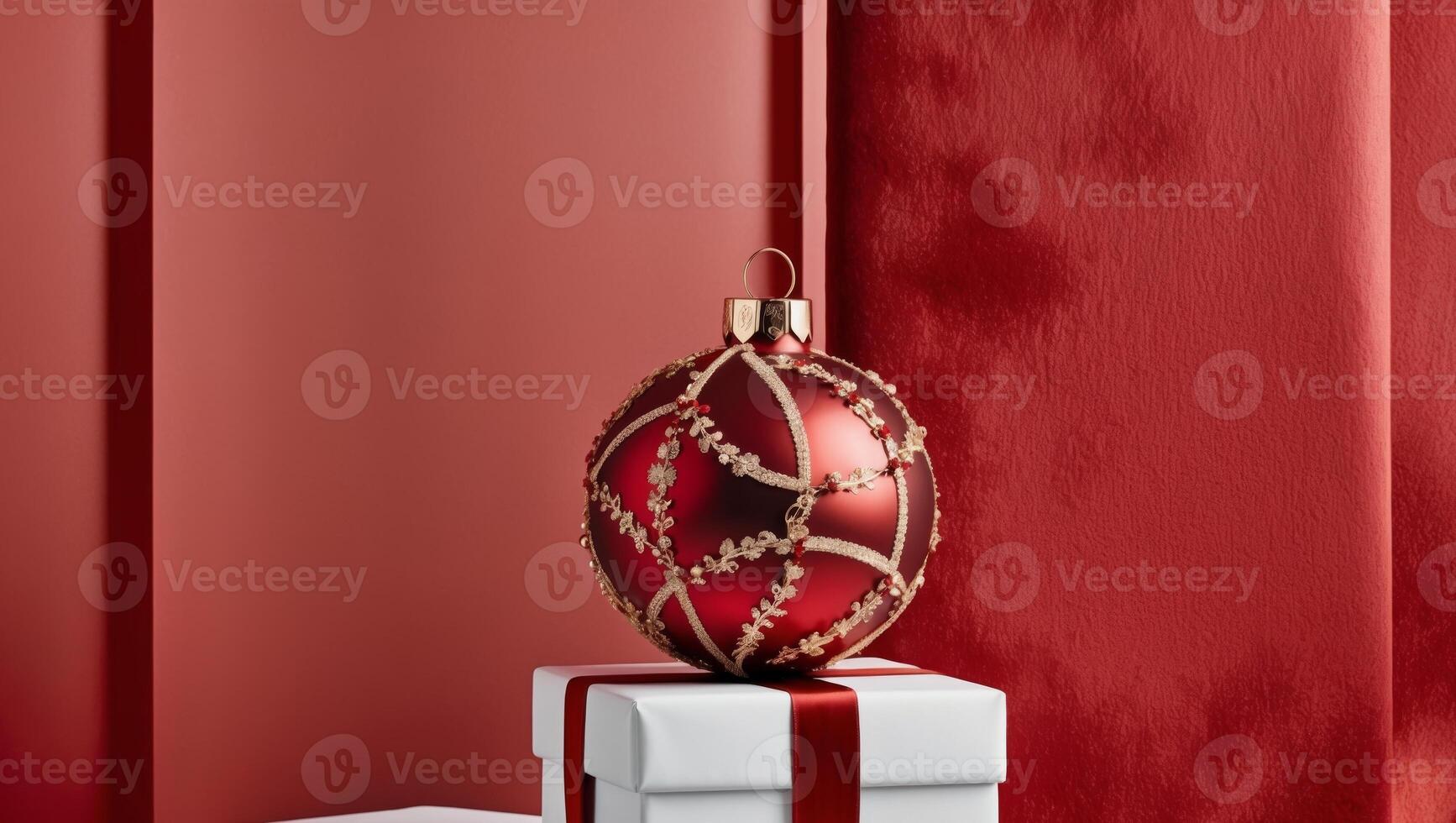A red christmas ornament on a white box photo