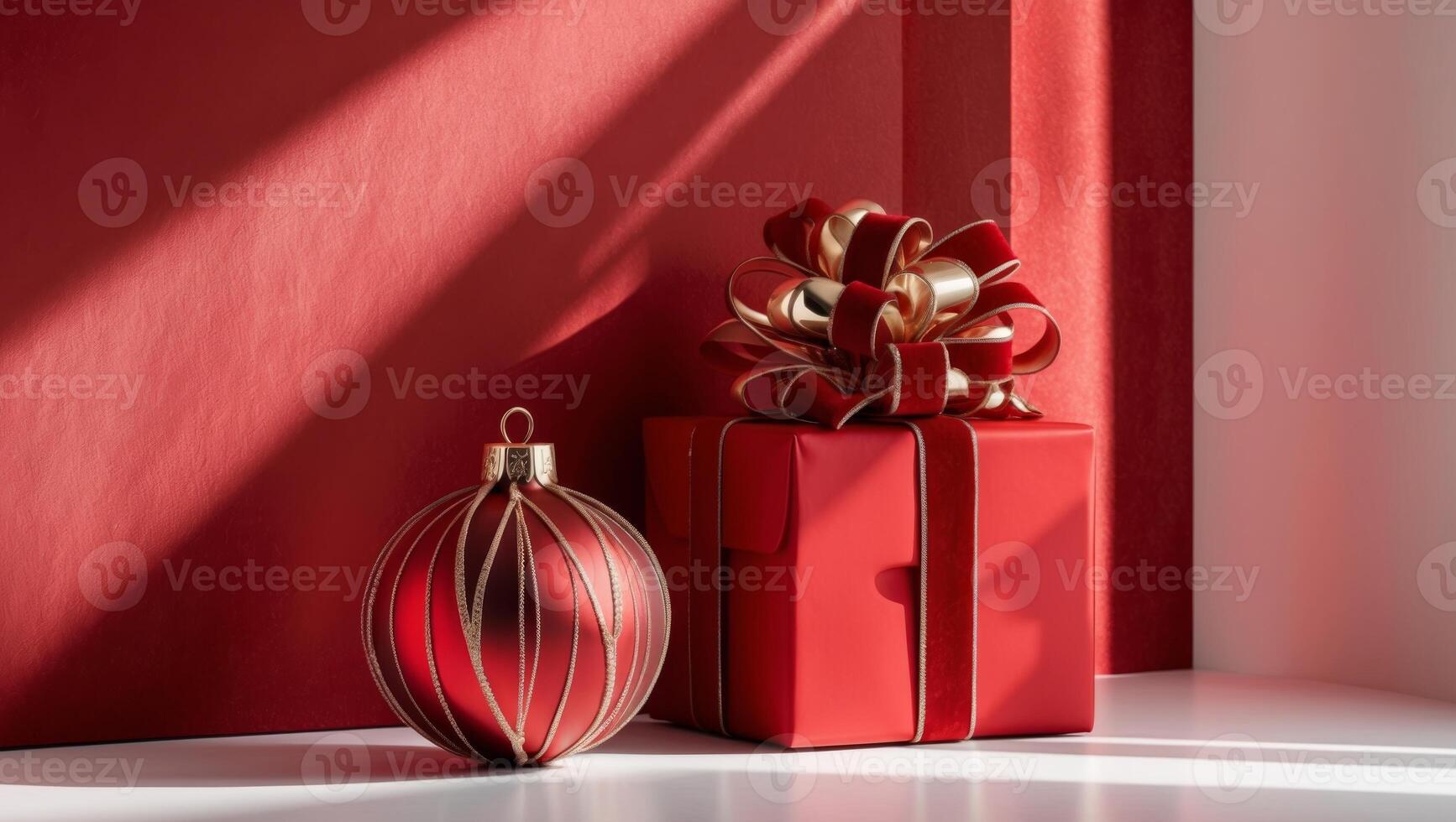 Red christmas gift box with red ribbon and christmas ornament on white background 3d rendering photo