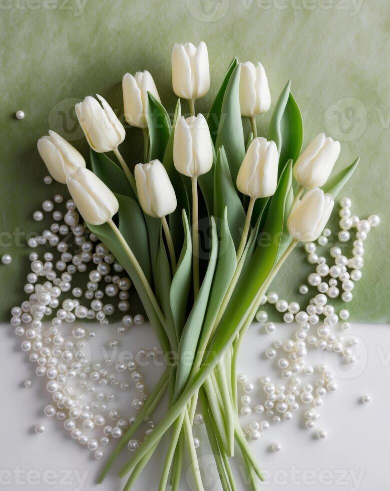 White tulips on a green background with pearls photo
