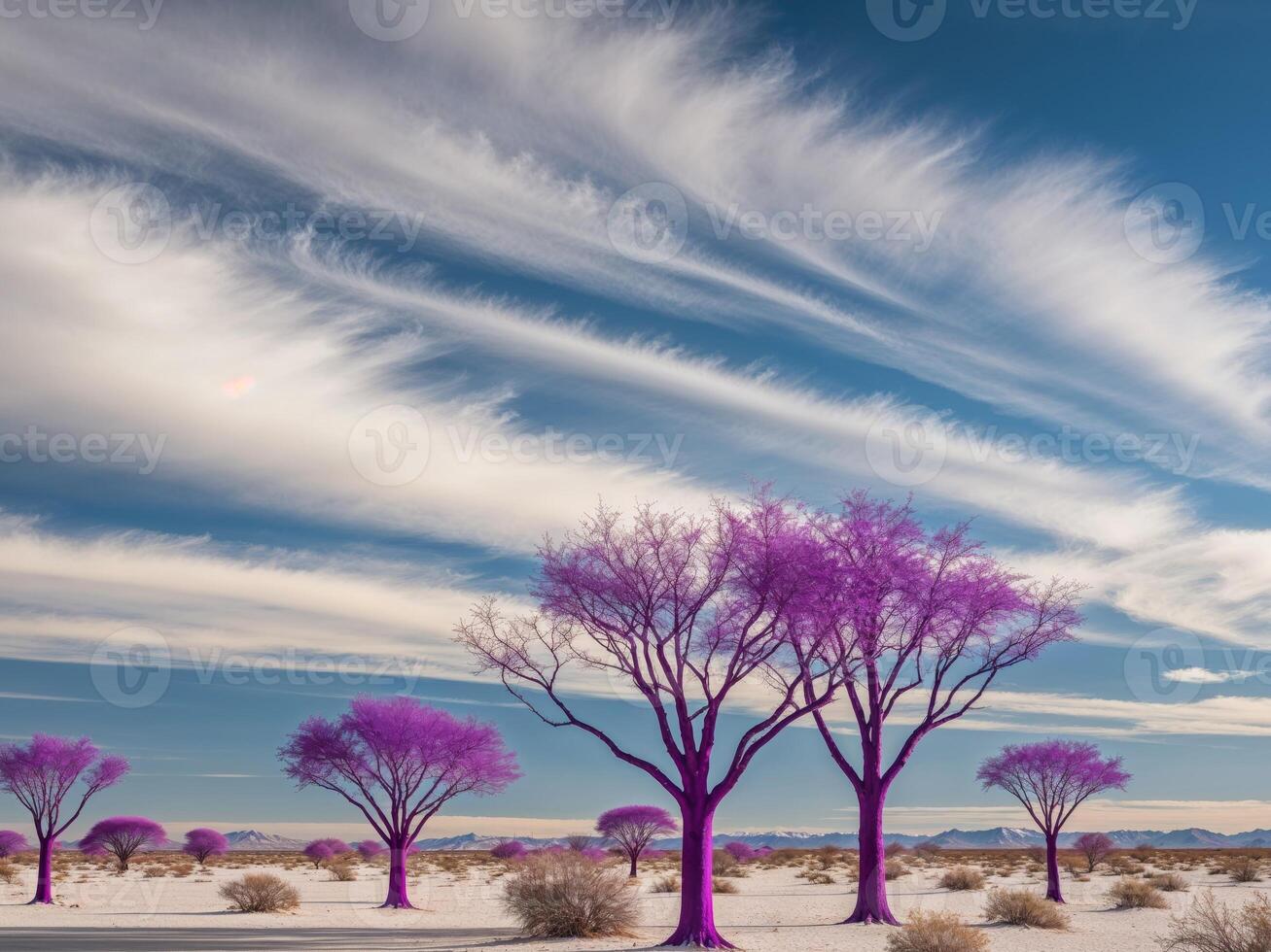 Purple trees in the desert with clouds in the sky photo