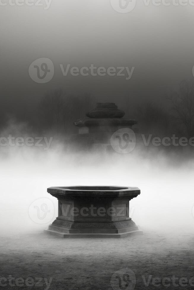 A black and white photo of a fountain in the fog