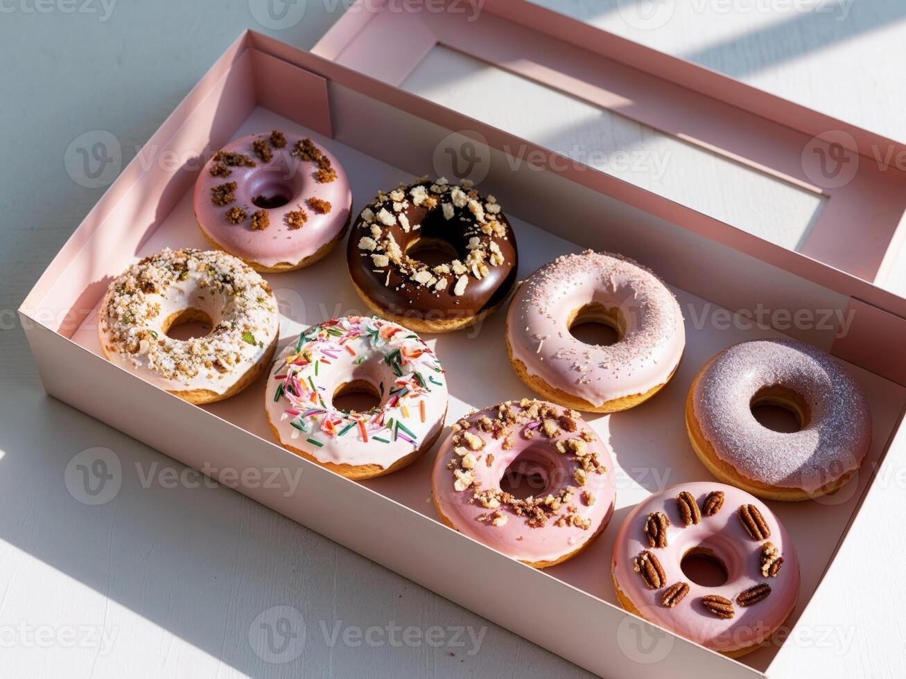 A box of donuts with different flavors in it photo