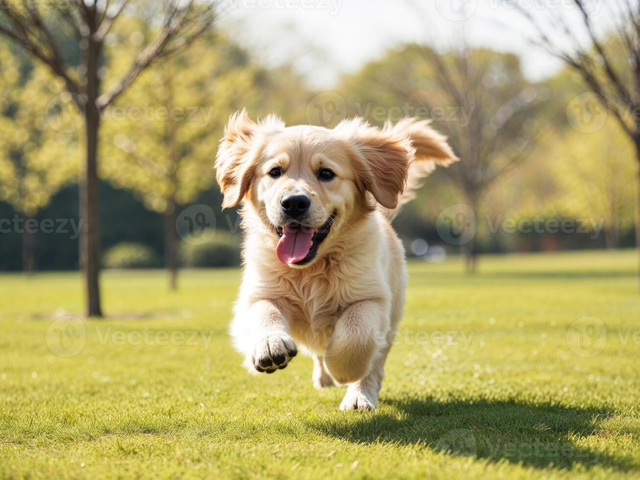 A golden retriever running through a grassy field photo
