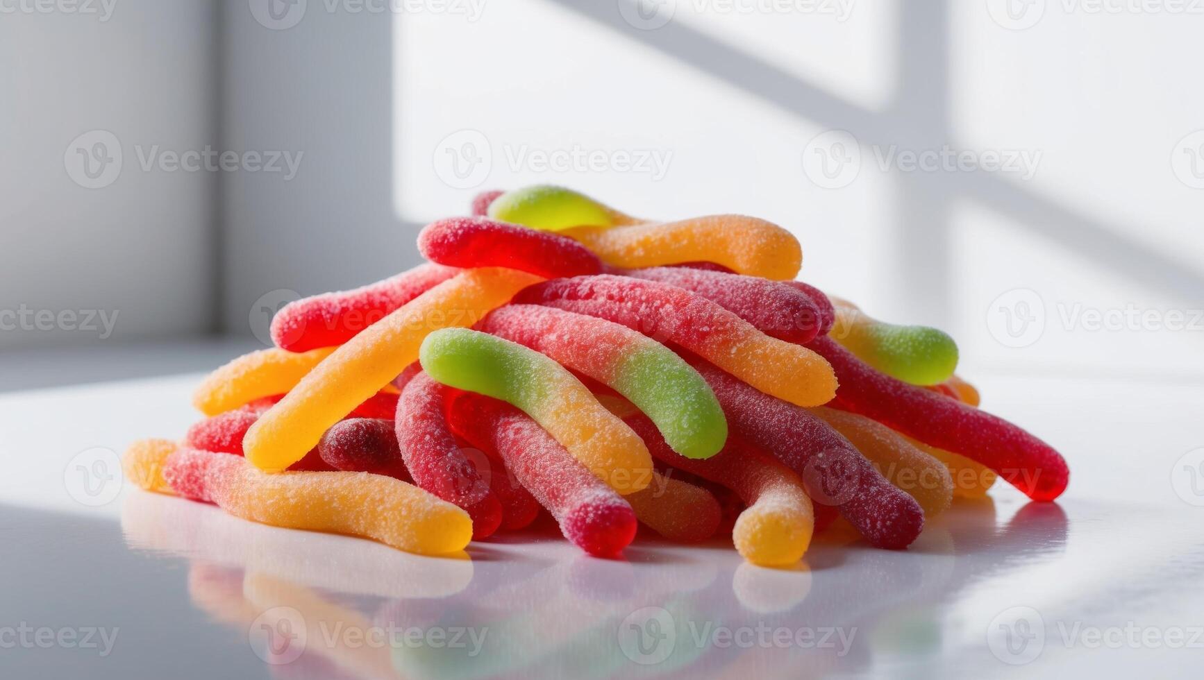A pile of colorful gummy worms on a white surface photo