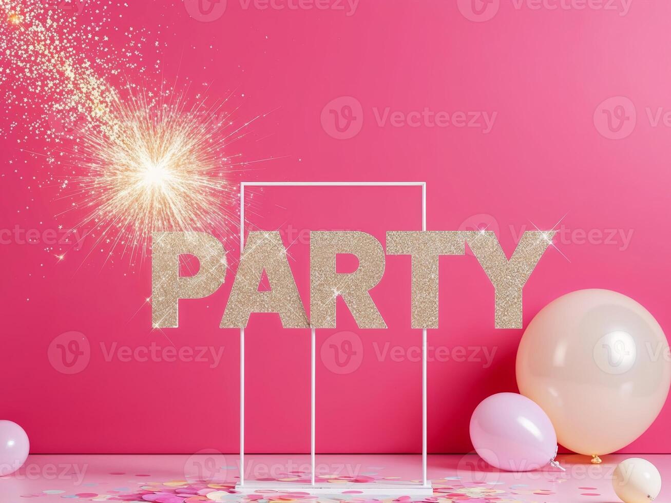 Party sign on stand with balloons and confetti photo