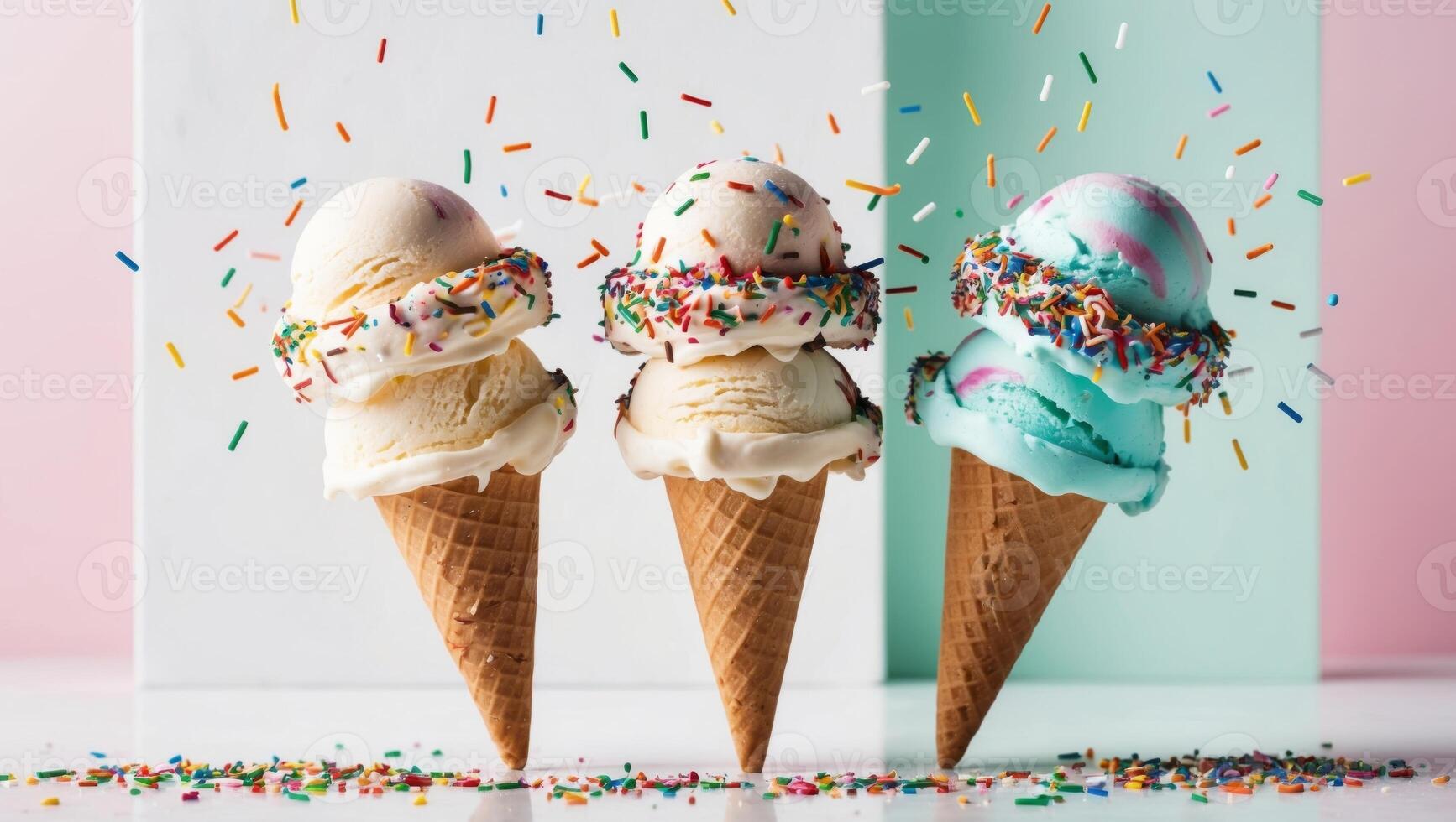 Three ice cream cones with colorful sprinkles on a white background photo