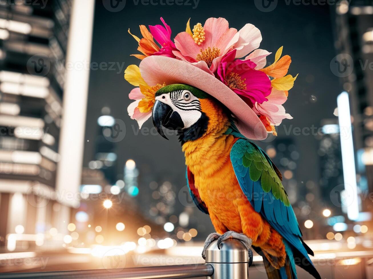 A colorful parrot wearing a hat on a railing photo