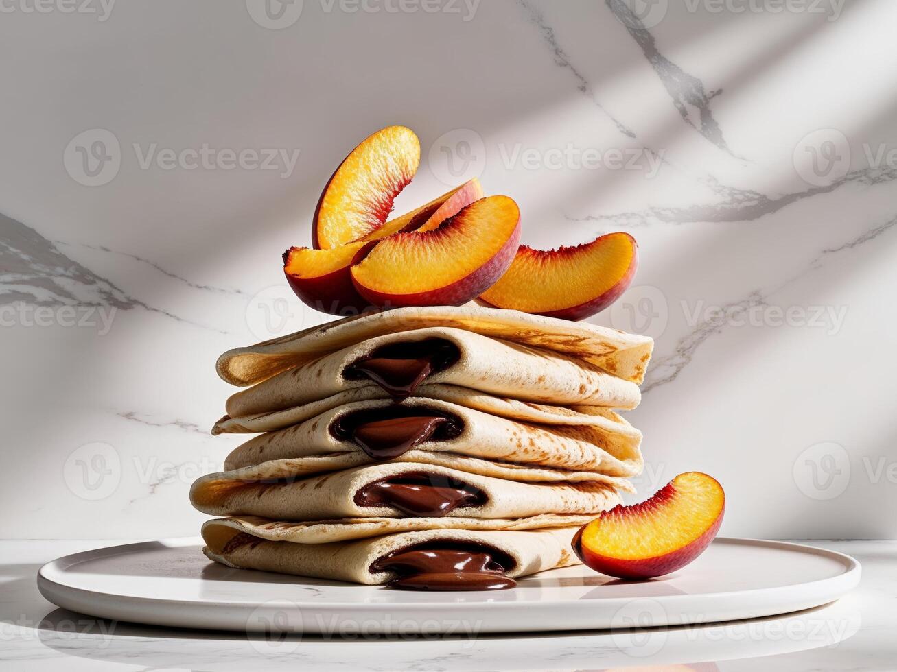 A stack of pancakes with peaches and chocolate photo