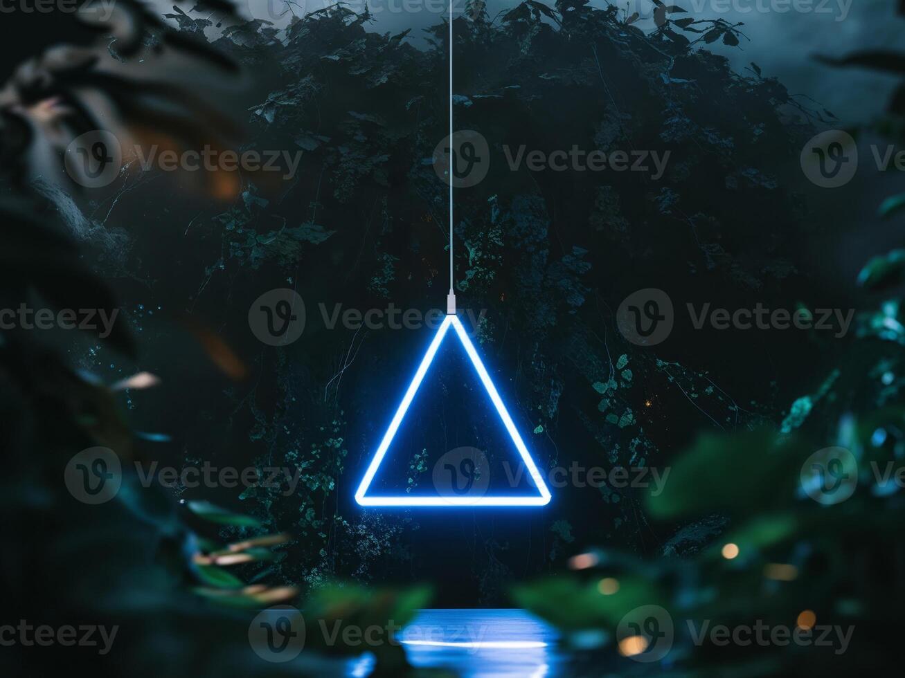A neon triangle hanging from a tree in the dark photo