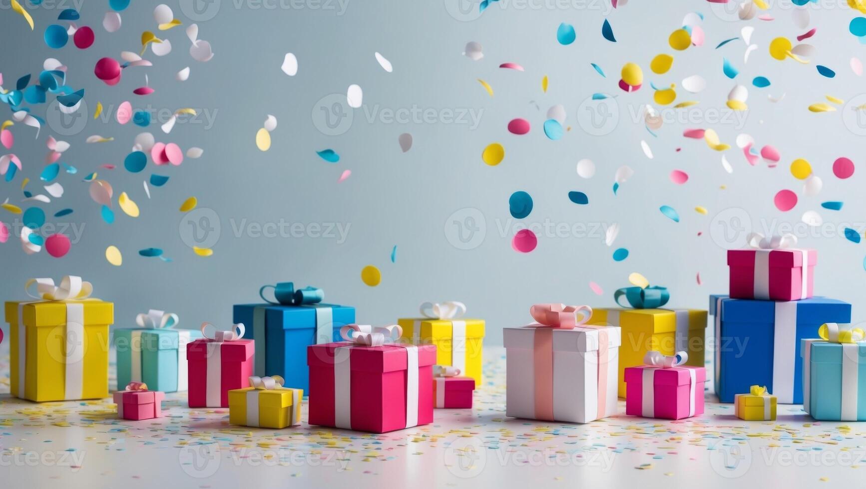 Many colorful gift boxes with confetti falling from the sky photo