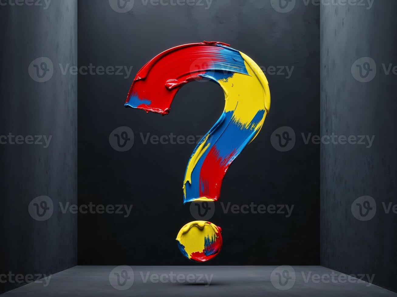 Colorful question mark painted on the wall of an empty room photo
