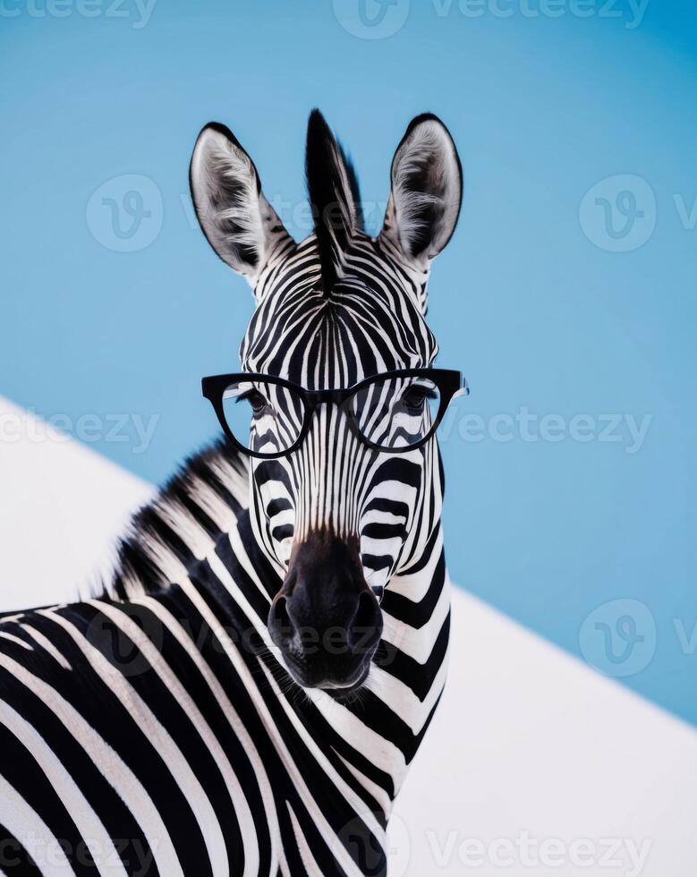A zebra wearing glasses and standing in front of a blue and white background photo