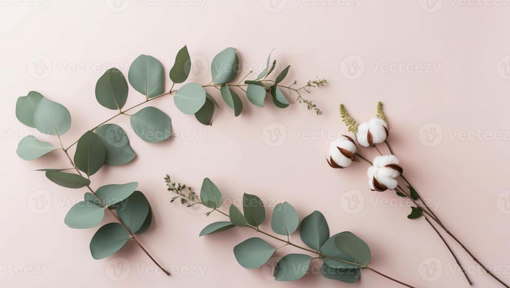 Eucalyptus leaves and cotton on pink background photo