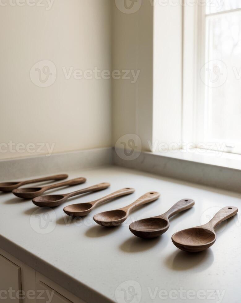 Six wooden spoons lined up on a counter photo