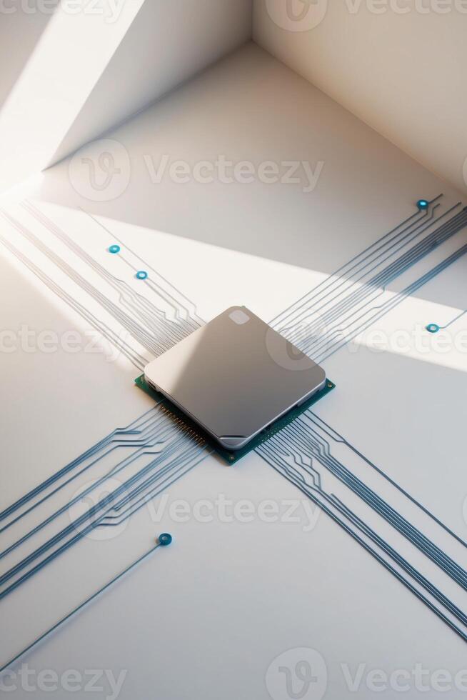 A computer chip is sitting on a white surface photo