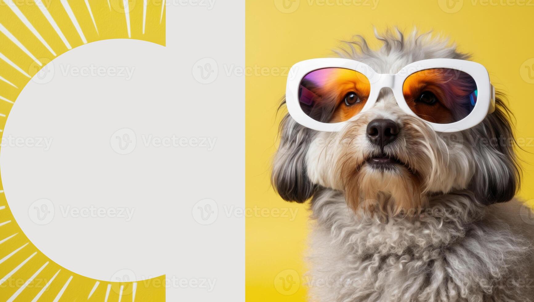 A dog wearing sunglasses on a yellow background photo