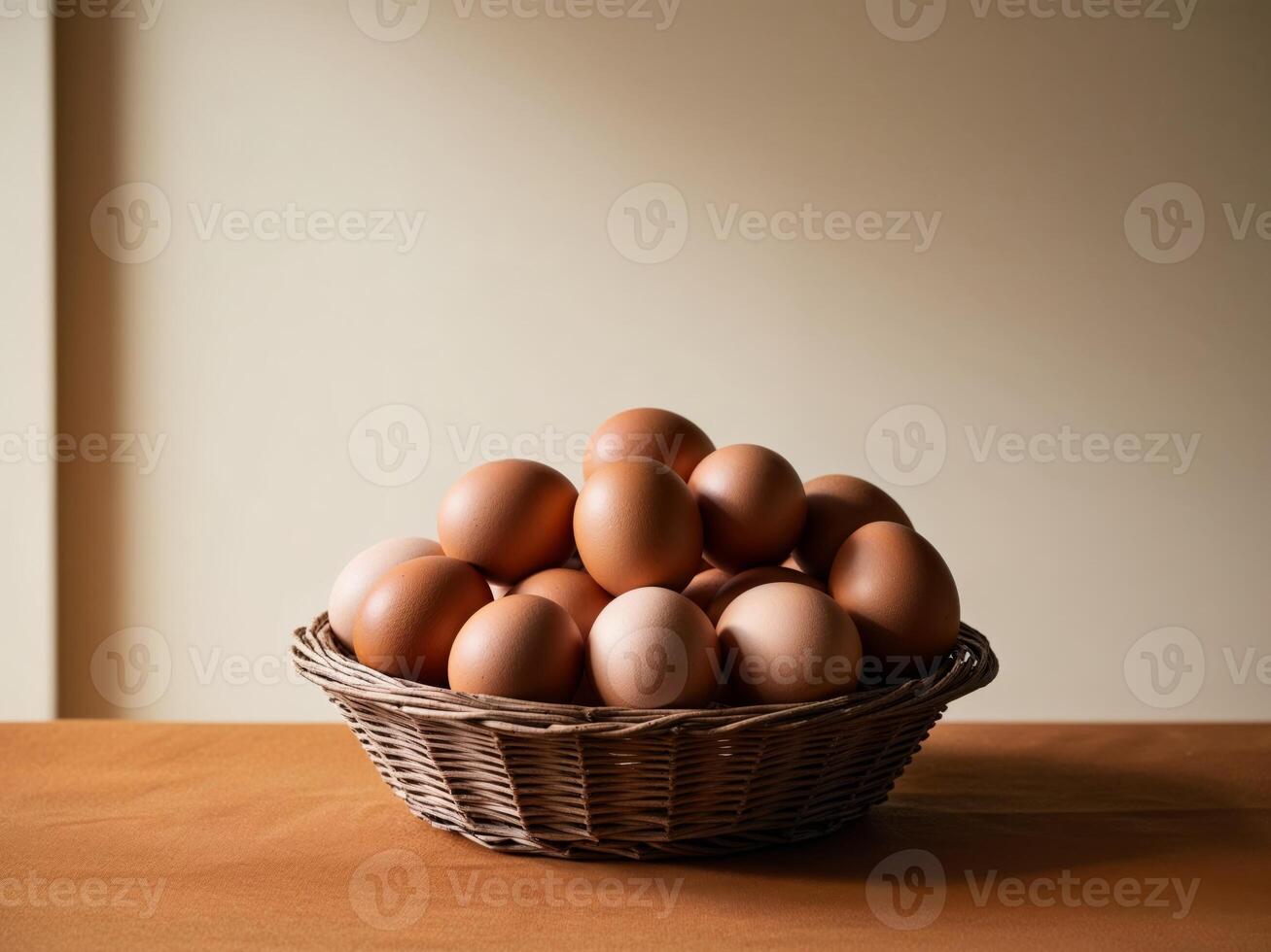 A basket full of brown eggs on a table photo