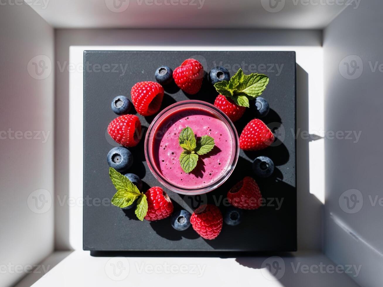 A bowl of smoothie with berries and mint photo