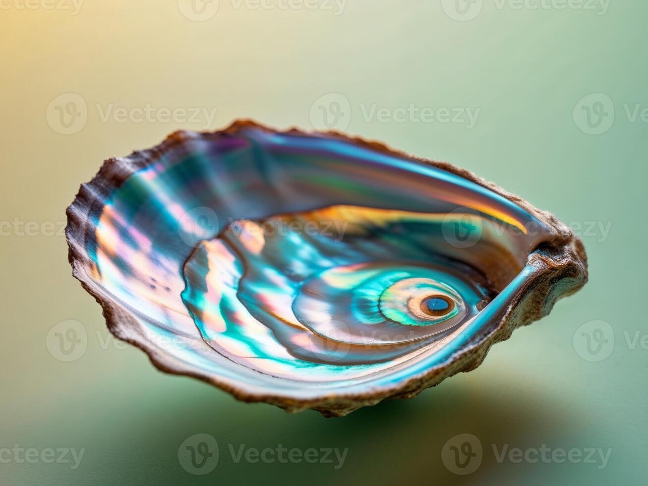 Abalone shell with rainbow colors on a green background photo