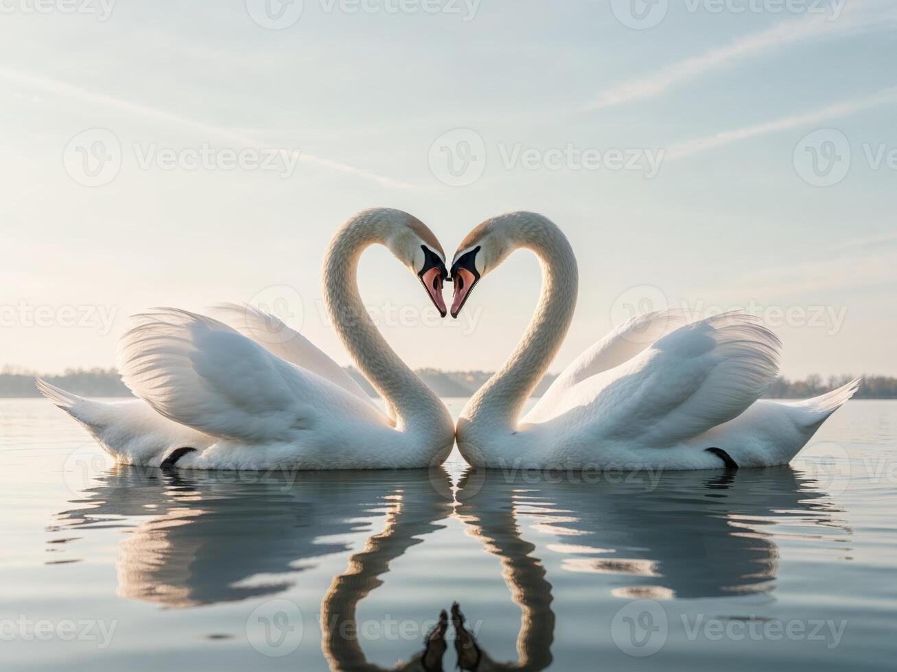 Two swans making a heart shape in the water photo