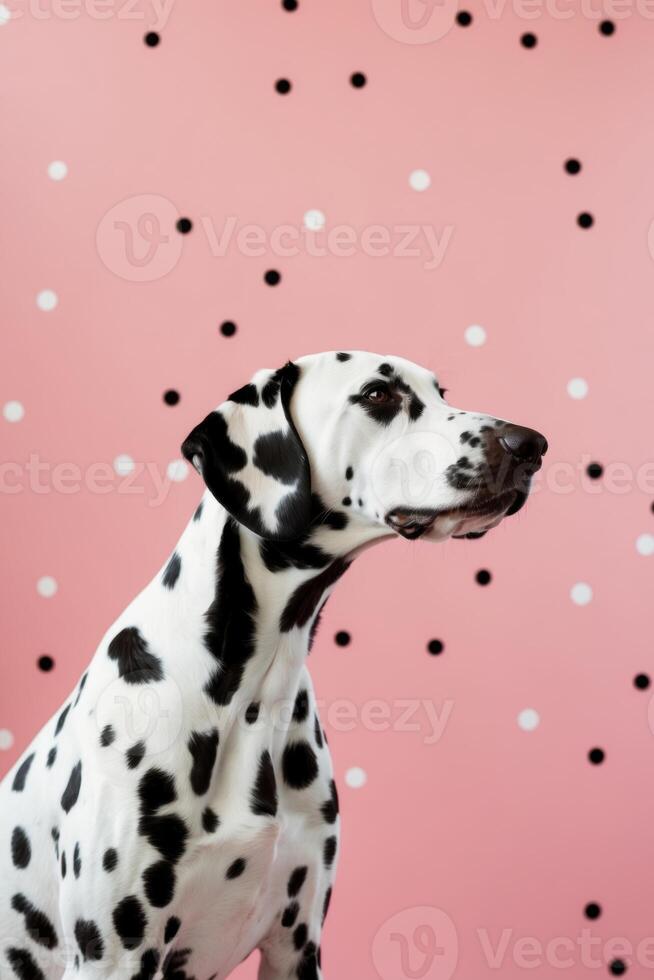 A dalmatian dog is standing in front of a pink polka dot background photo