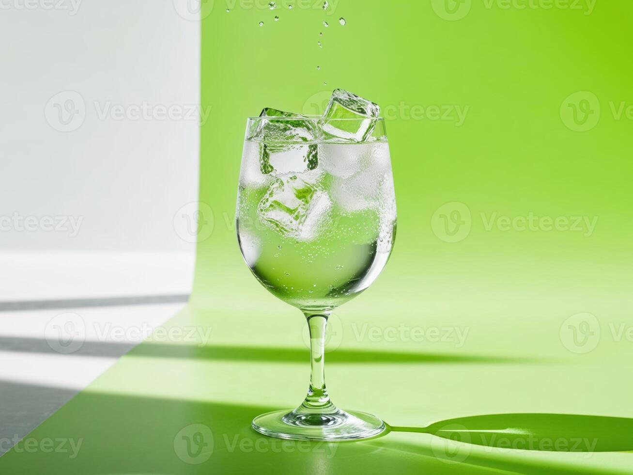 A glass of water with ice cubes in it photo