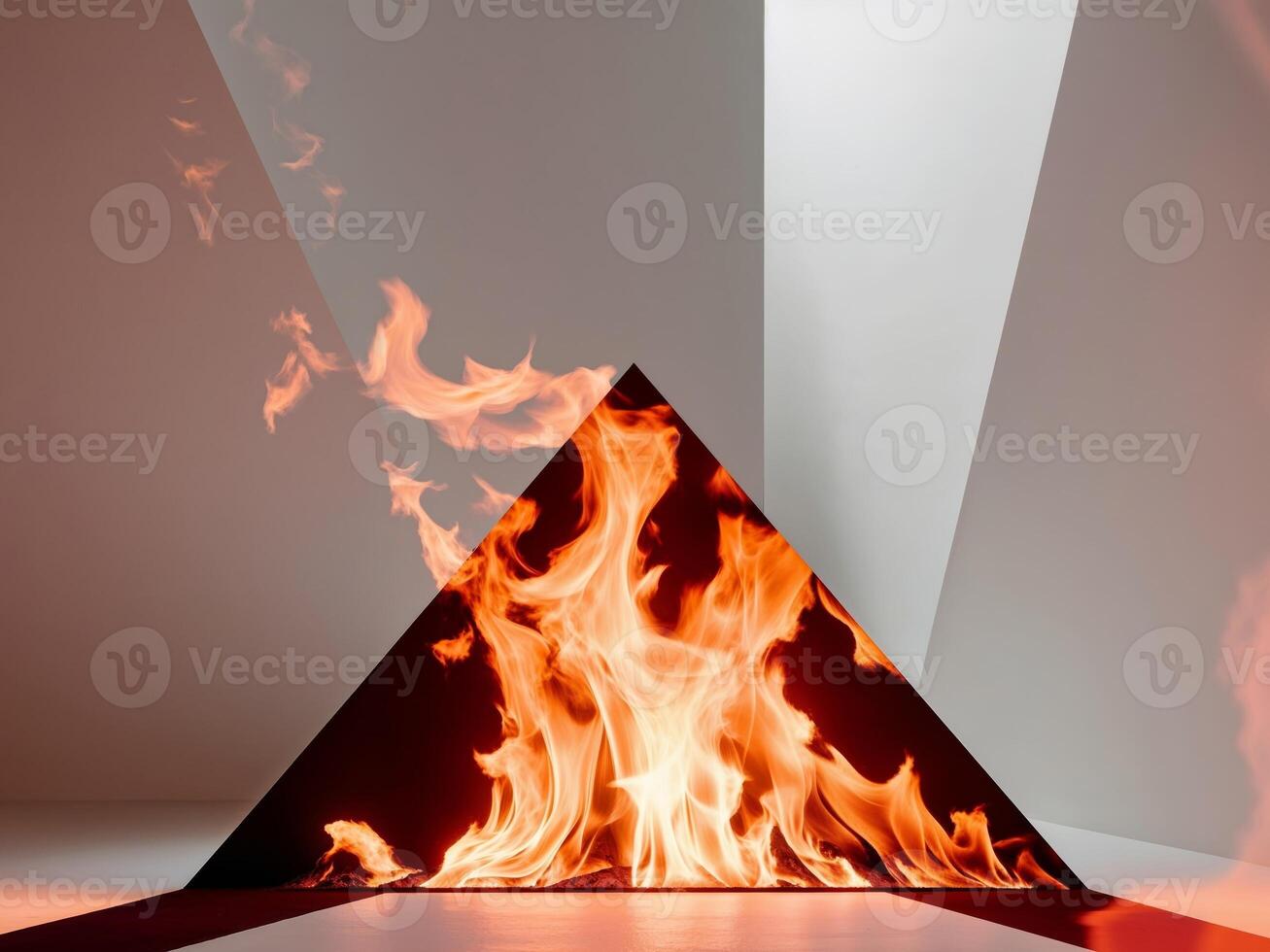A triangle shaped fire is burning inside of a room photo