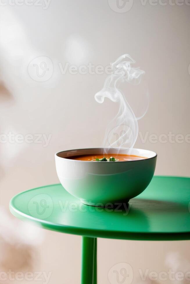A bowl of soup on a green table photo