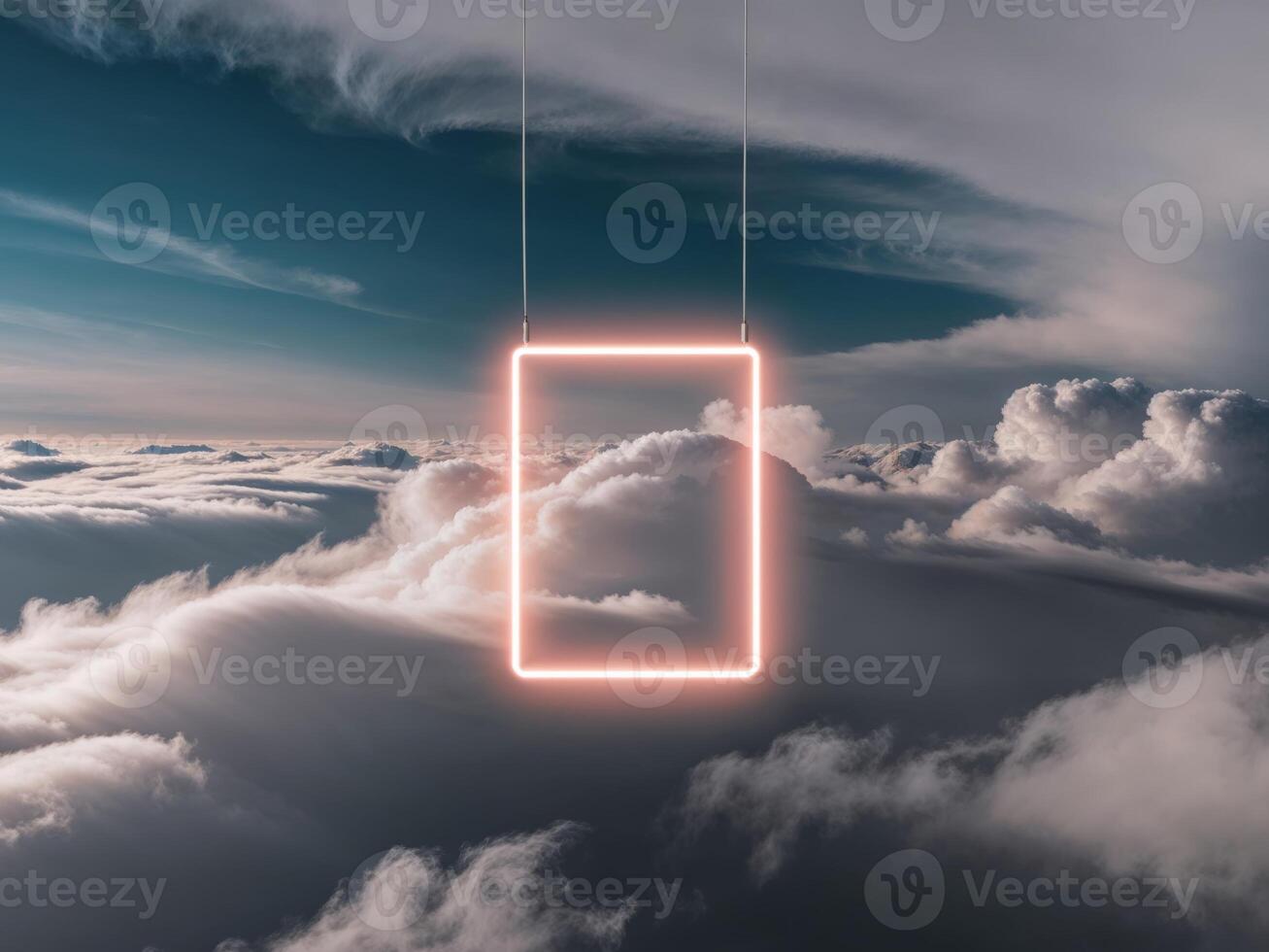 A neon sign hanging in the sky above clouds photo