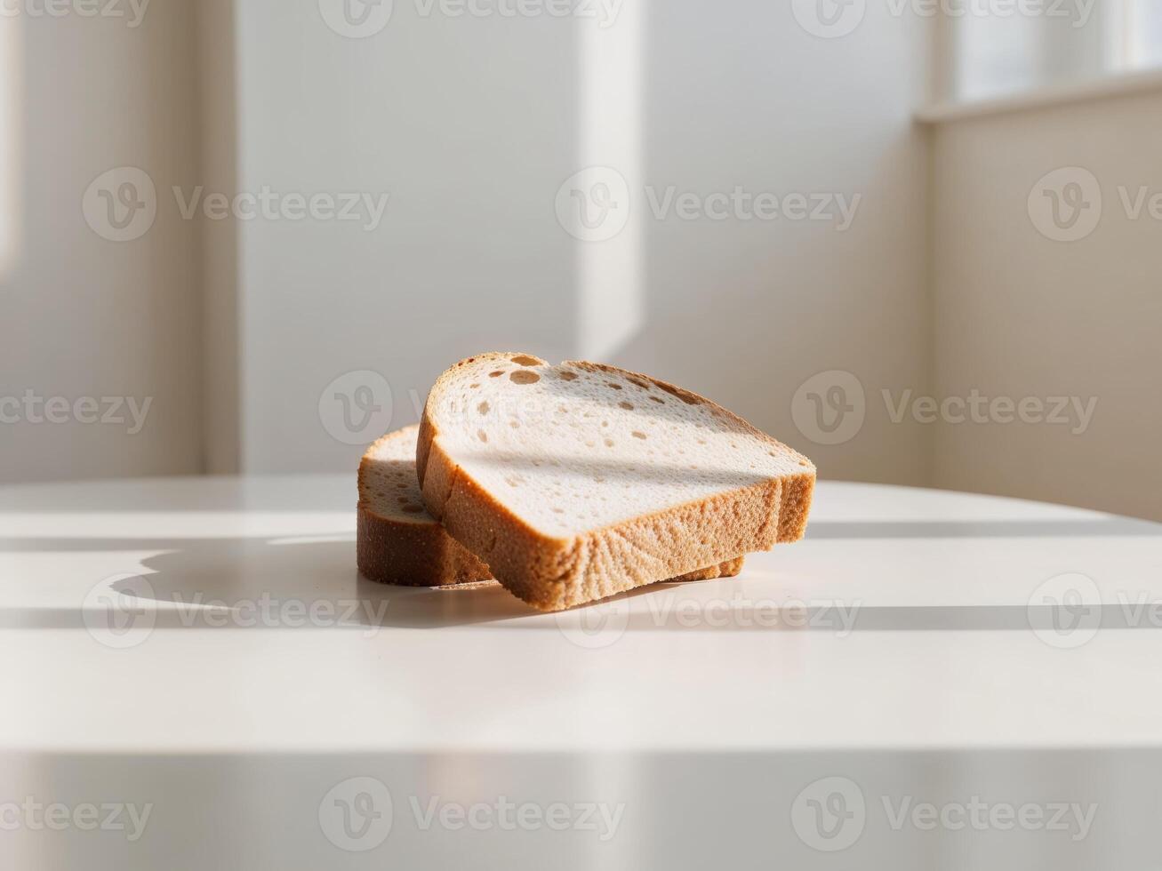 A slice of bread sitting on a table in front of a window photo