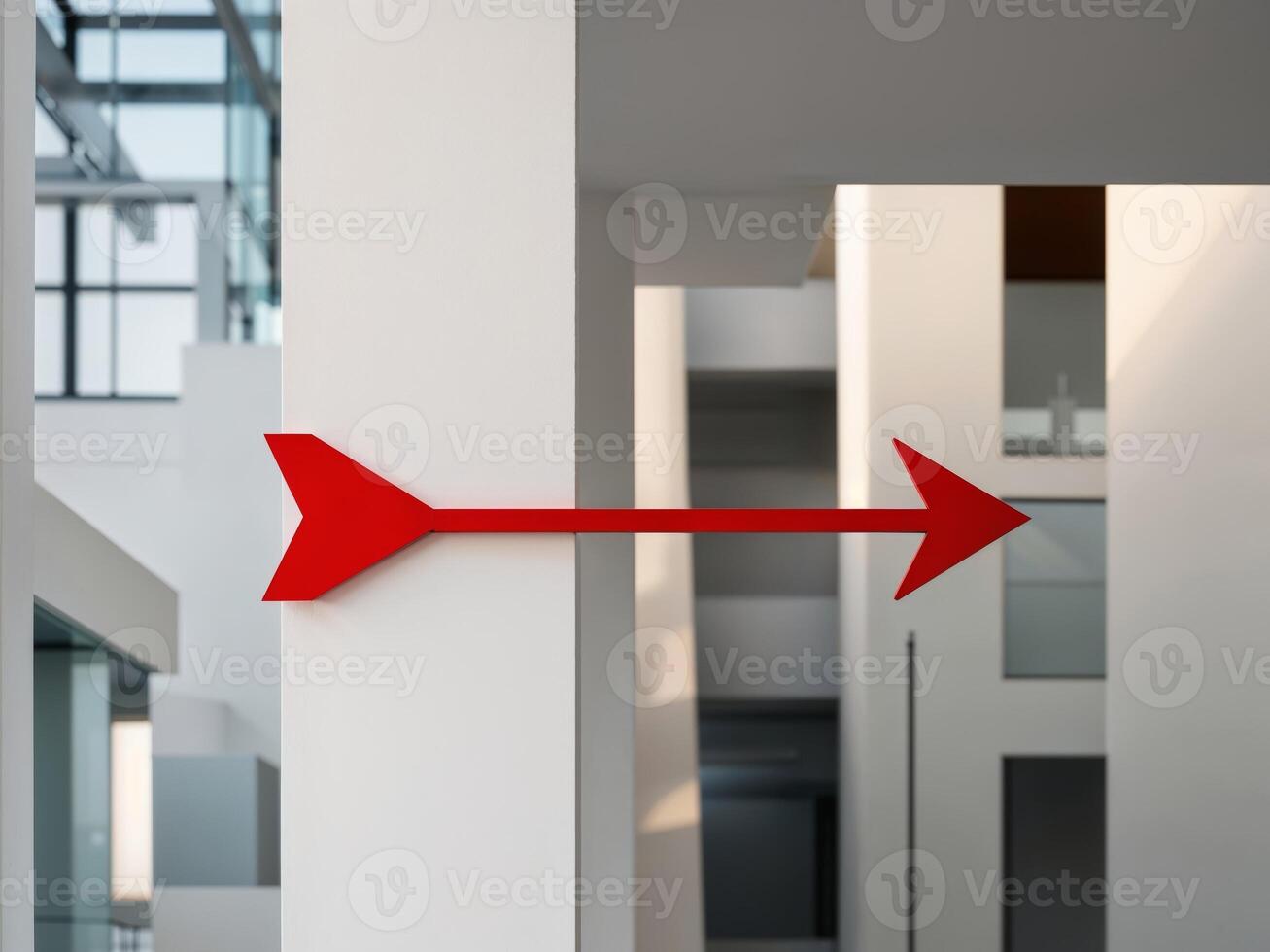 A red arrow pointing to the right in a building photo