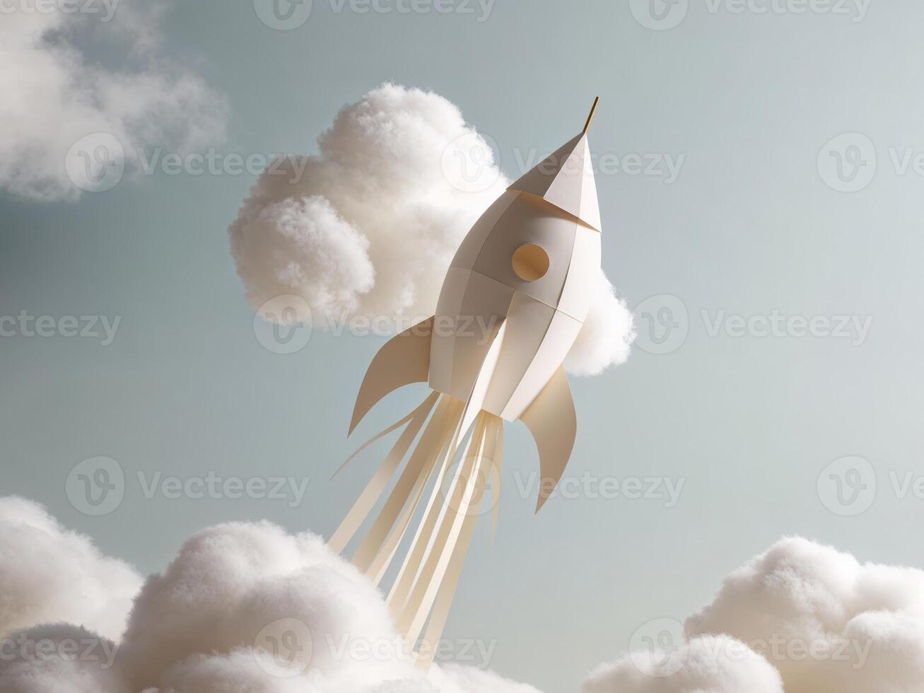 Paper rocket flying in the sky with clouds photo