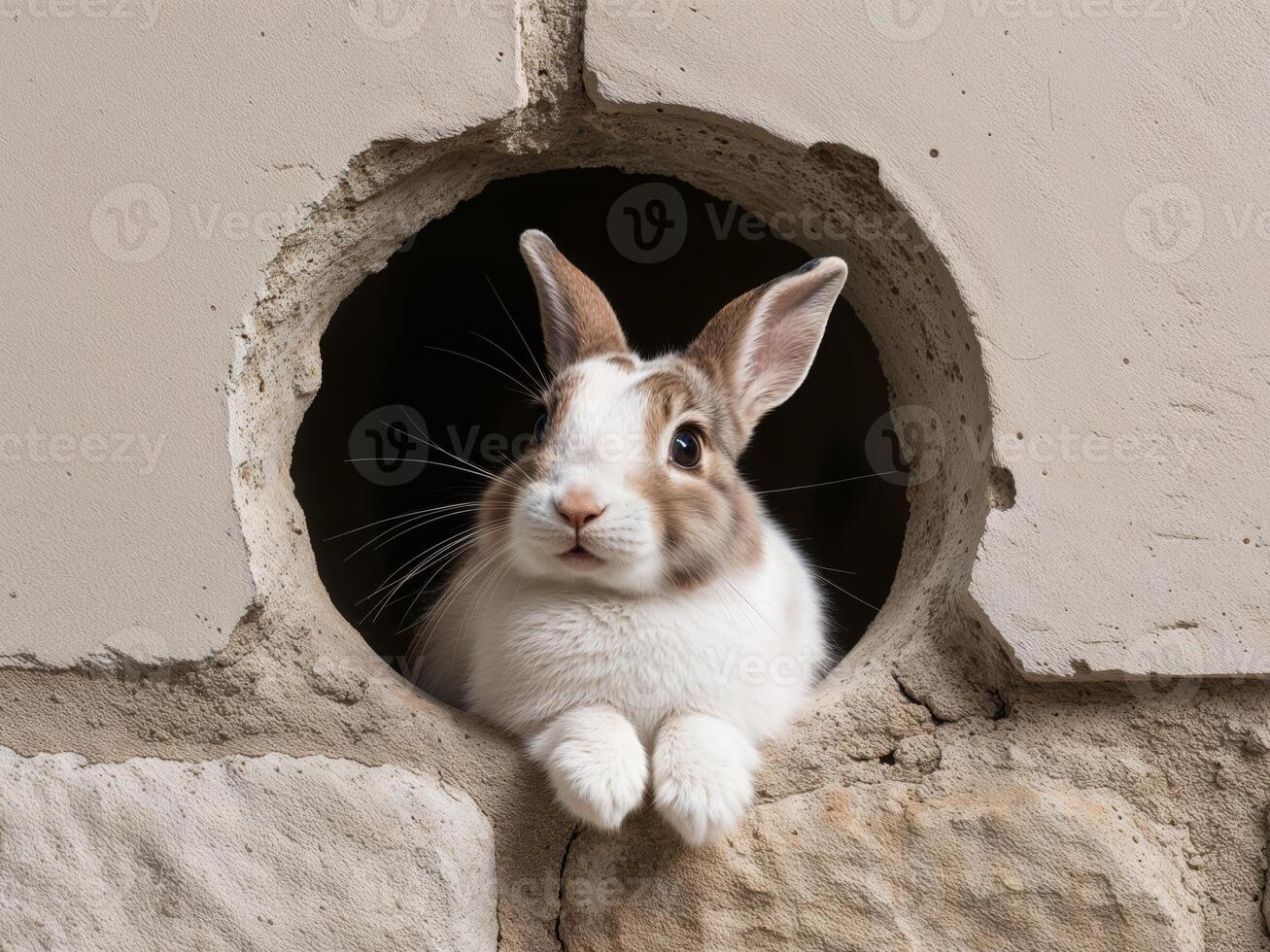 A rabbit is sitting in a hole in a stone wall photo