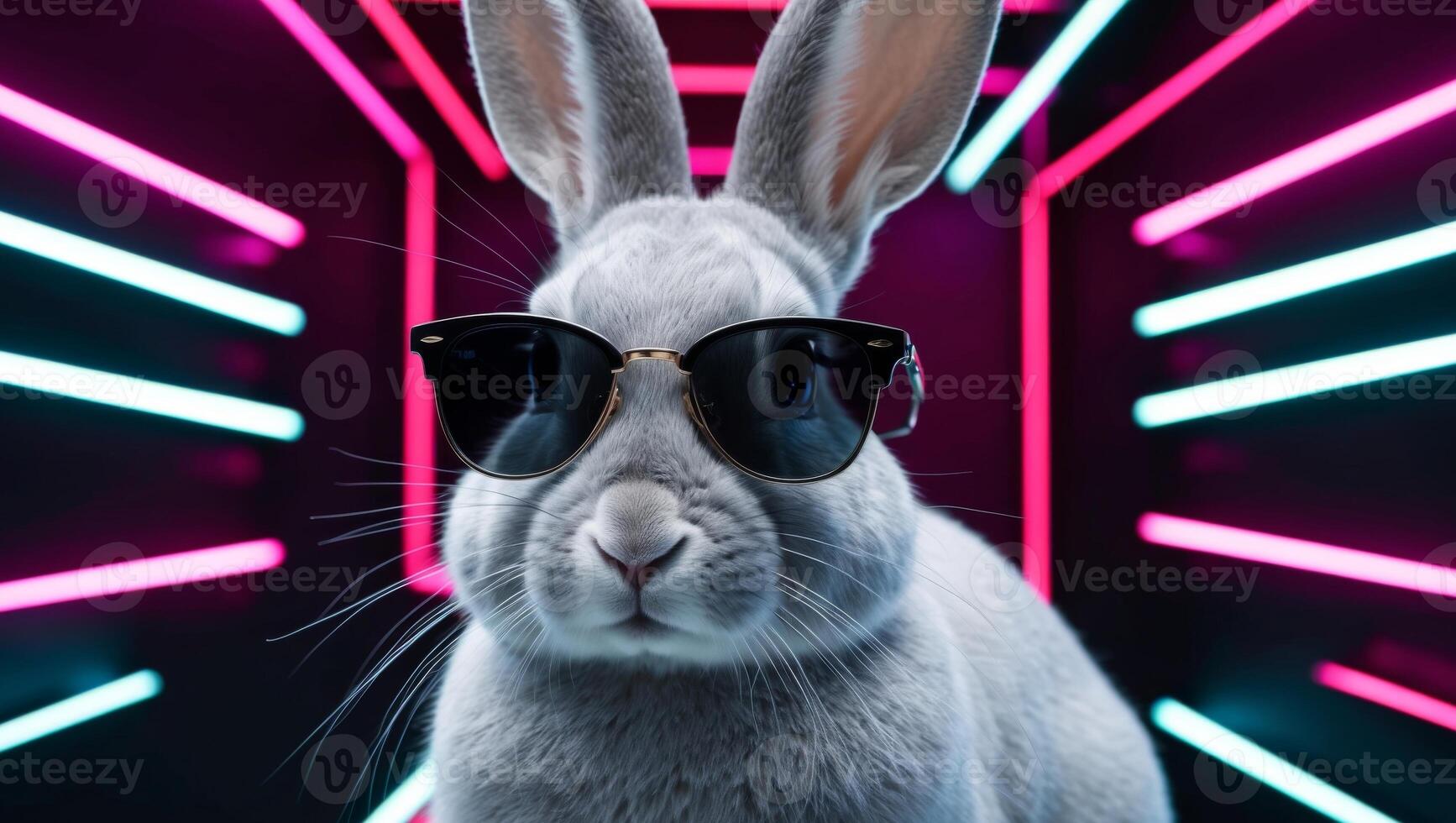 A rabbit wearing sunglasses in a neon background photo