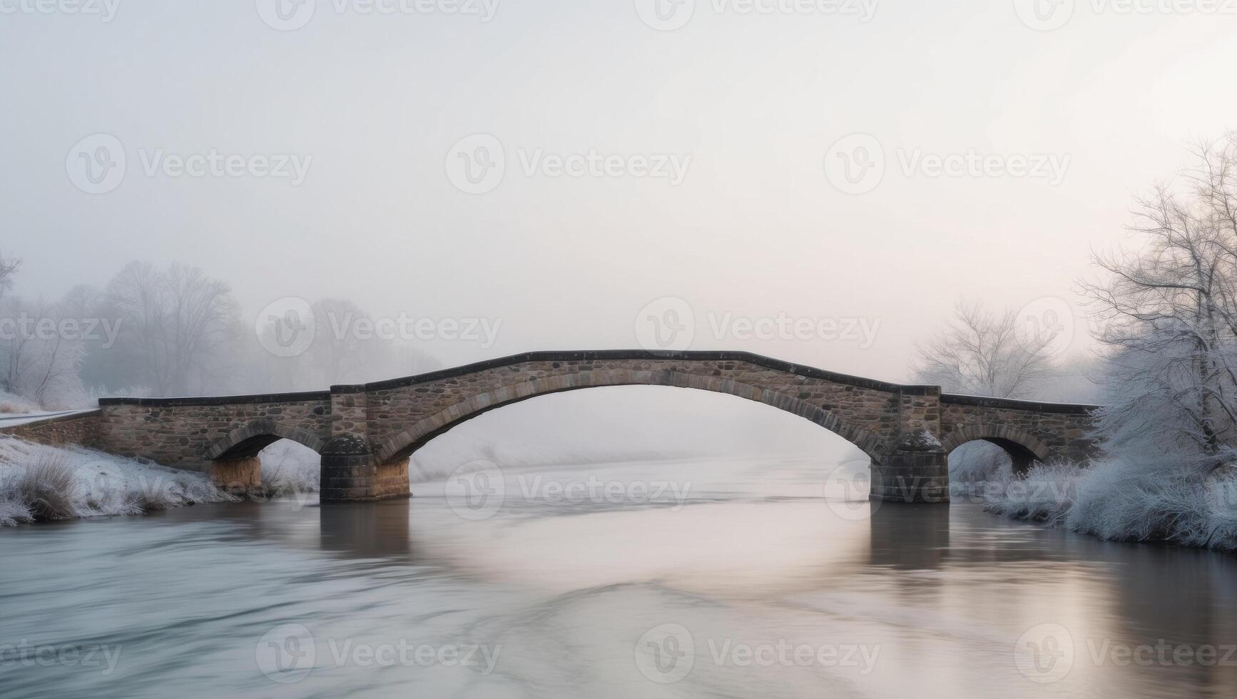 A stone bridge over a river in the winter photo