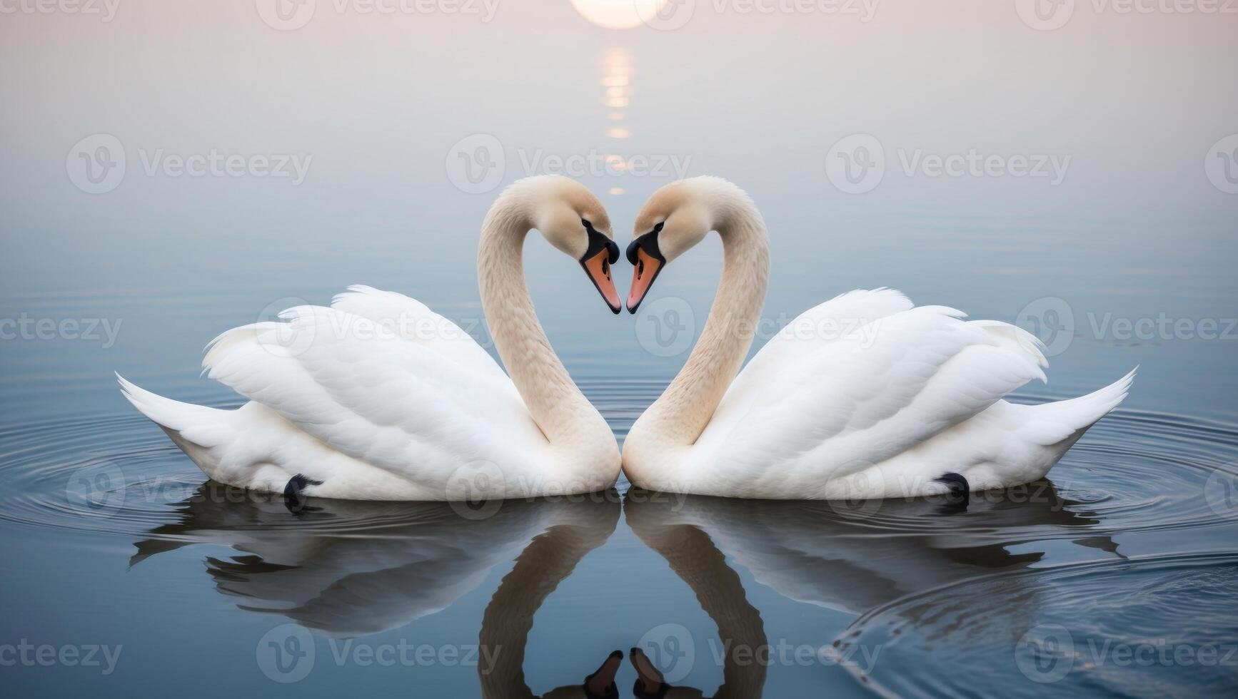 Two swans making a heart shape in the water photo
